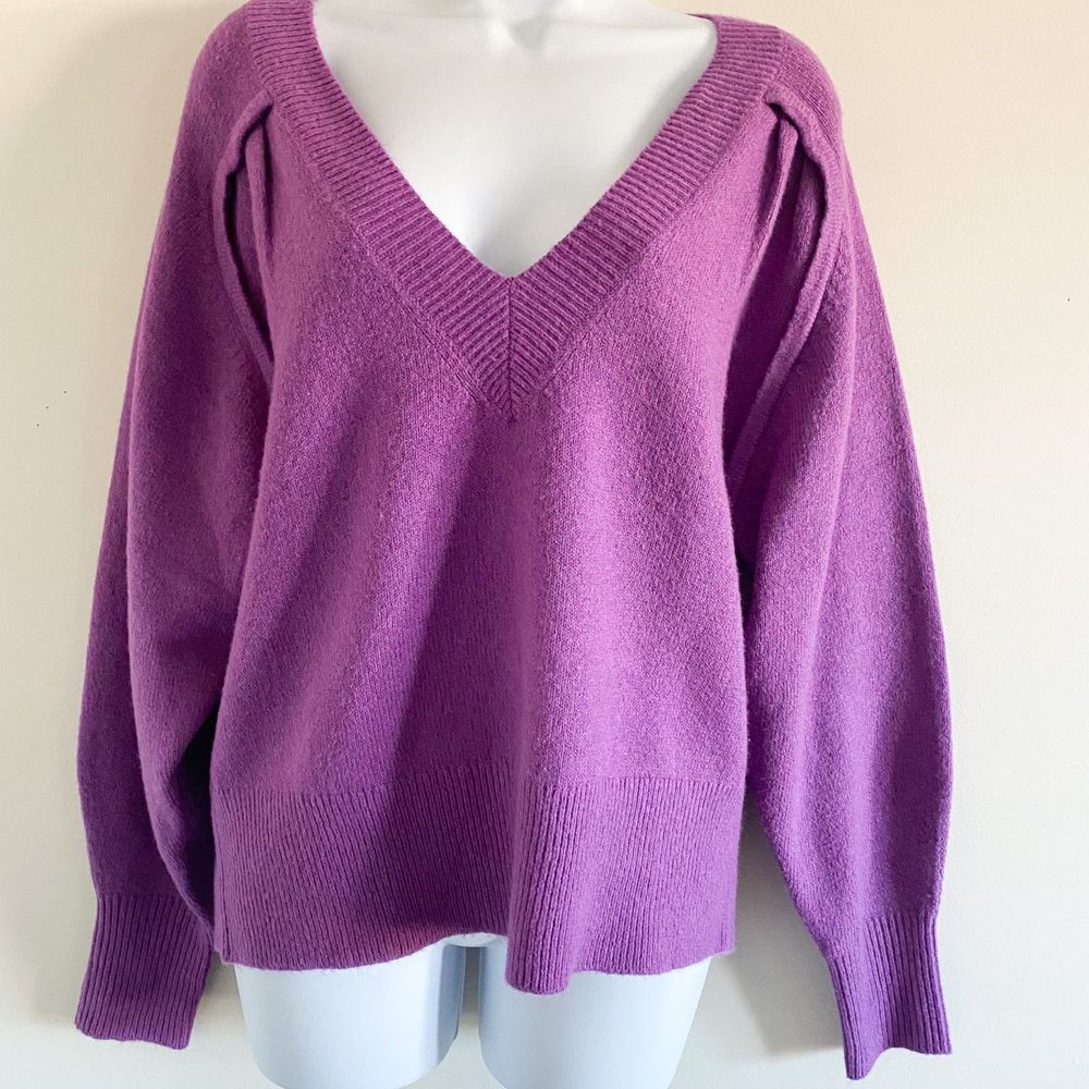 CAbi V-Neck Purple Sweater Size XS | Drop Sleeve Oversized Knit Cotton Blend
